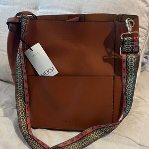 MERSI Cognac Vegan Leather Shoulder Bag with Patterned Strap